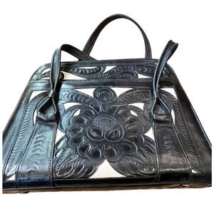 Handmade Hand-tooled Black And White Boho Leather Purse Satchel Floral